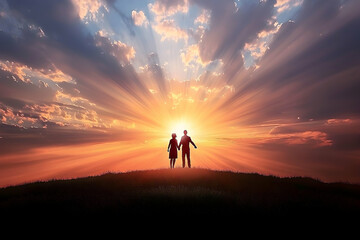 Couple Silhouette at Sunset: Two figures stand hand in hand, silhouetted against a breathtaking sunset with radiant beams of light breaking through the clouds. A timeless image of love, hope.