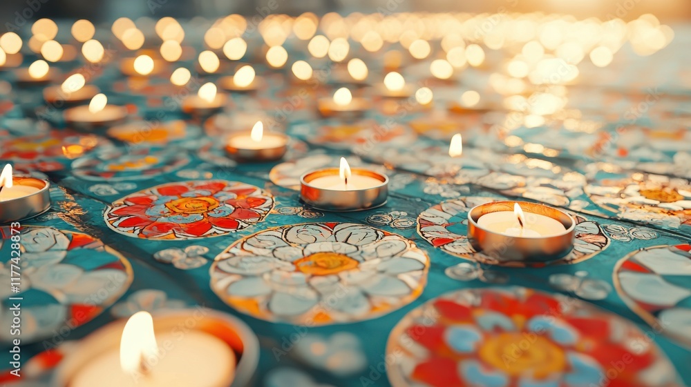 Aufkleber colorful candles on intricate patterns create a serene atmosphere.