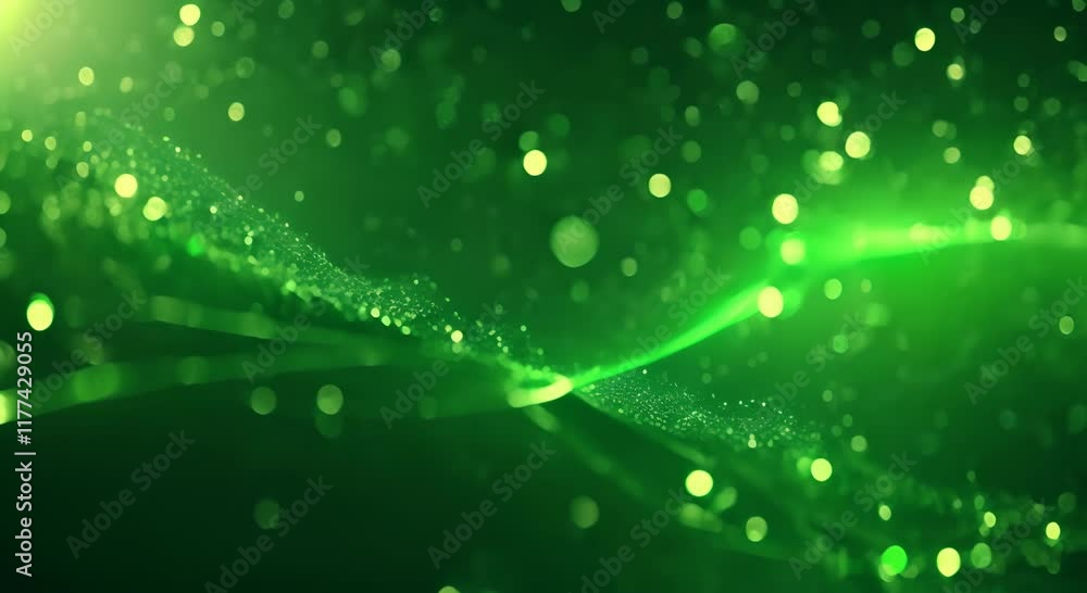 Poster dark green abstract background with moving particles and bokeh 4k