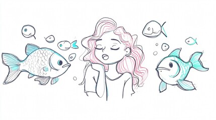 Fototapeta premium Whimsical Underwater Encounter: A Girl and Her Fish Companions