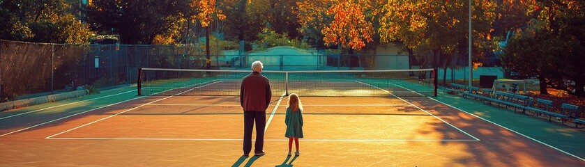Obraz premium A grandparent and child enjoying a moment on a tennis court.