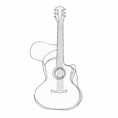 Naklejka premium Minimalist line art illustration, elegant black continuous line drawing of a guitar, clean and delicate design, no shading, smooth curves, artistic and modern composition, white background
