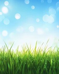 Fototapeta premium Lush Green Grass Under Bright Blue Sky with Soft Bokeh Highlights and Sunlight