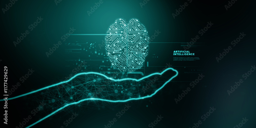 Aufkleber 2d illustration concept of thinking, background with brain, abstract artificial intelligence. techno