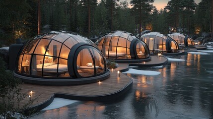 Glass igloo cabins on a snowy lakeshore at sunset in a pine forest