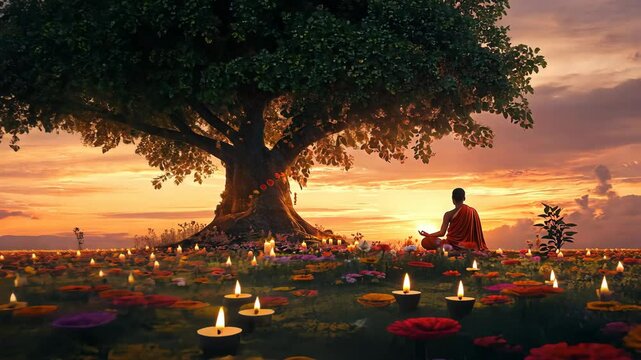 Meditating Person Under Tree with Glowing Sky