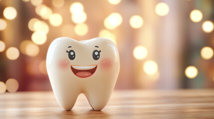 Sweet tooth character with warm bokeh background, dental care mascot