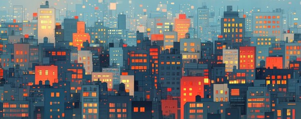 Fototapeta premium Colorful city skyline at dusk with illuminated buildings and windows.