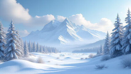 winter wonderland with snowcap mountains and clouds in the background