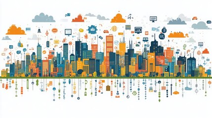 Colorful Urban Landscape with Clouds, Buildings, and Technology Icons Representing Modern City Life and Digital Connectivity in a Vibrant, Abstract Style