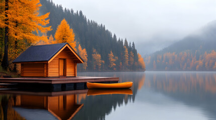 Fototapeta premium Autumnal lake cabin, tranquil misty morning, golden trees, peaceful reflection, perfect for travel brochures.