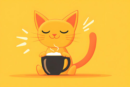 Adorable orange cat cartoon character contentedly enjoying a warm beverage in a large mug. Perfect for greeting cards, children's books, or websites promoting cozy vibes.