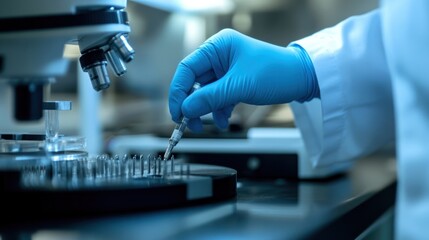 Close up of a scientist's gloved hand manipulating samples with a micropipette, featuring a microscope in the background, emphasizing precision in modern research