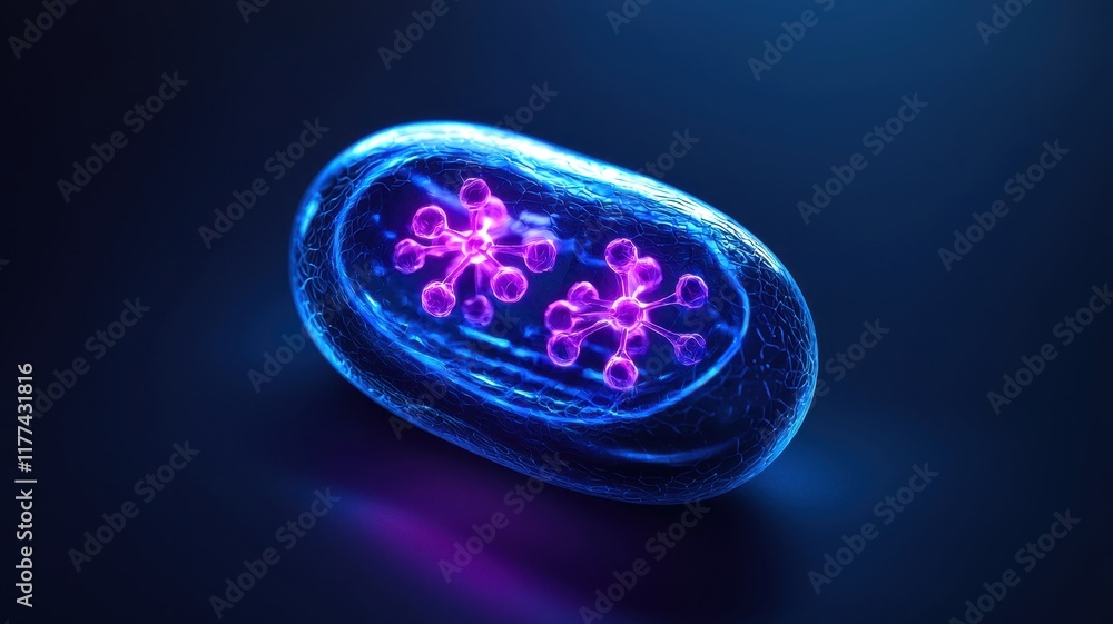 Poster a glowing 3d cell model showing its internal structure with mitochondria actively generating energy,