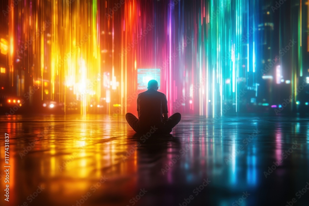 Poster a person sits in a vibrant, colorful environment filled with vertical light streams, creating a surr