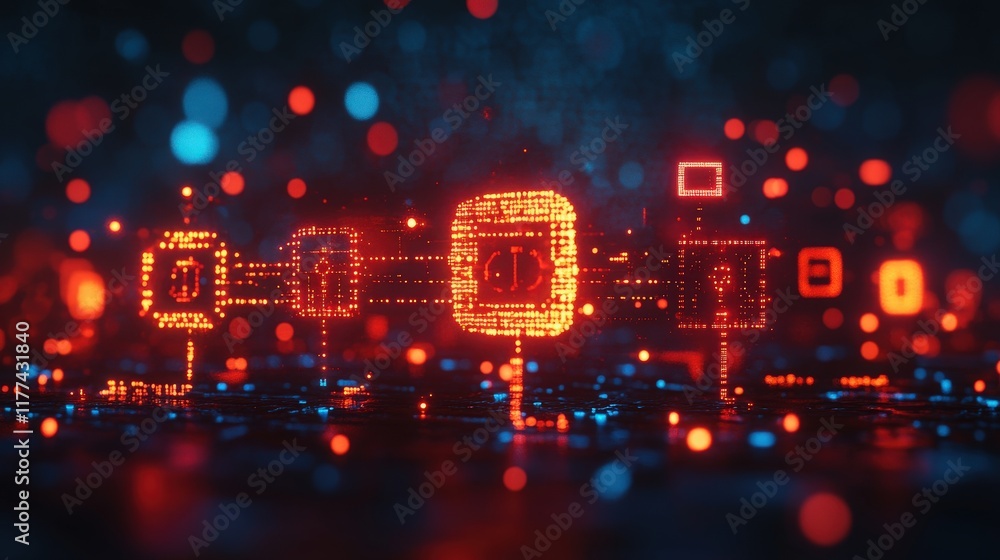 Poster futuristic digital landscape featuring glowing binary code and abstract geometric shapes amidst colo