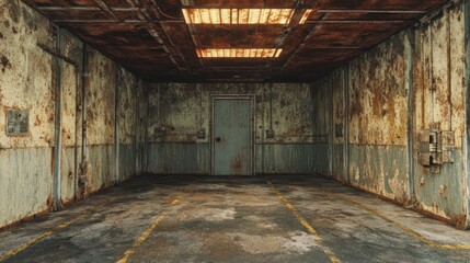 An abandoned, rusted room with peeling walls and a solitary door, evoking desolation.