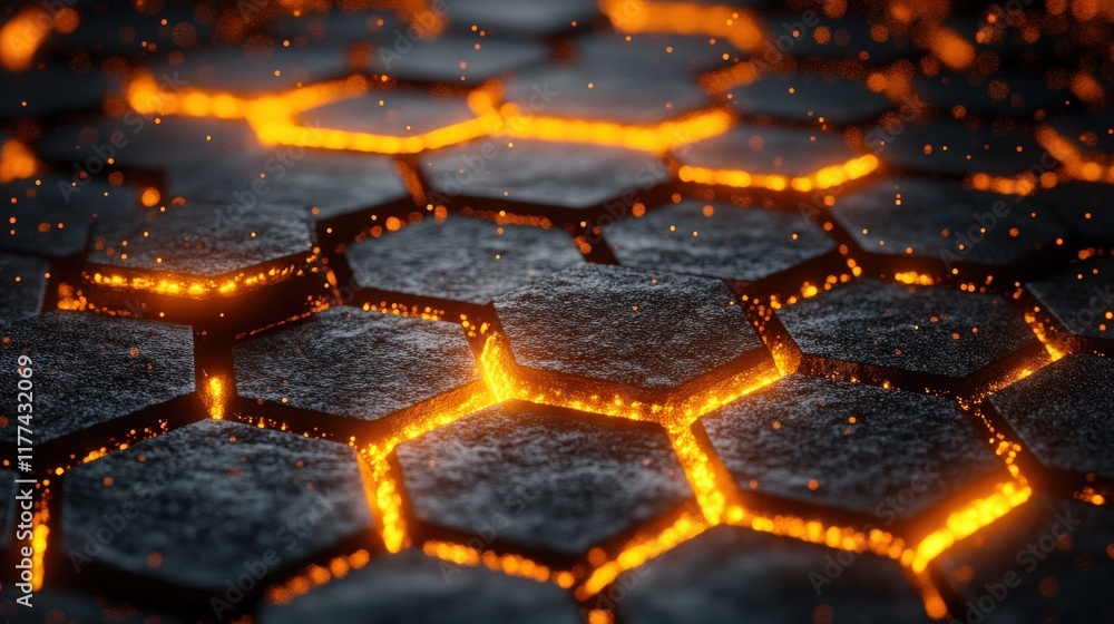 Poster glowing lava flowing between hexagonal rock tiles on a dark background, capturing the essence of ear