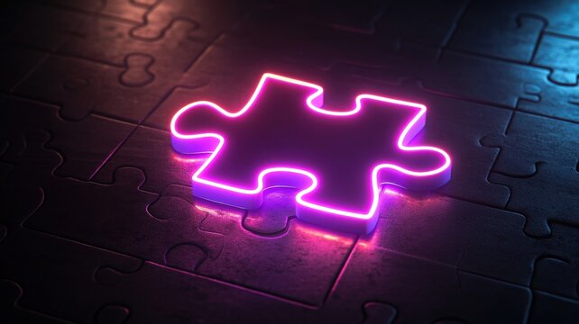 A glowing neon puzzle piece rests on a dark, textured surface, illuminated with vibrant colors that create an intriguing visual effect.
