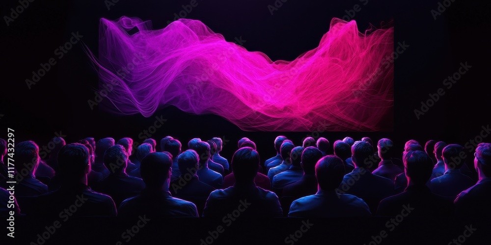 Poster a vibrant scene showing an audience facing a colorful, abstract light display, creating a captivatin
