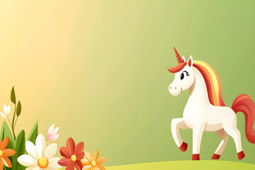whimsical unicorn galloping through vibrant field of blooming flowers, radiating joy and magic in colorful landscape