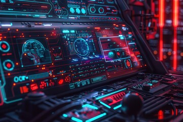Futuristic Control Panel with Red and Blue Neon Lights
