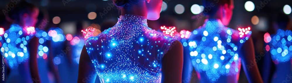 Poster the image features illuminated figures with vibrant, glowing outfits, creating a mesmerizing display