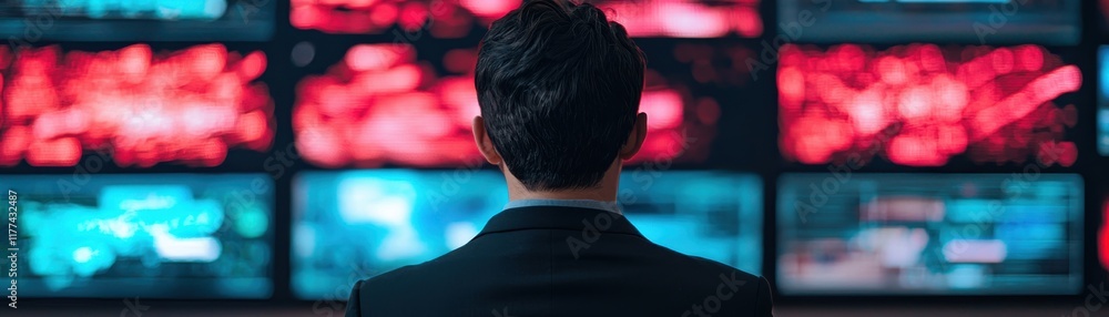 Poster a figure in a suit stands before multiple screens displaying vibrant graphics, suggesting a high-tec