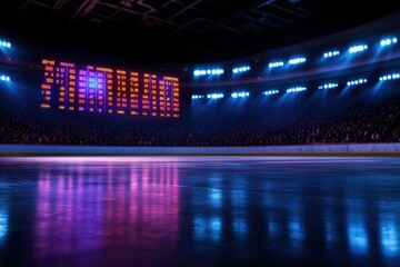 Obraz premium A vibrant ice rink with colorful lights and a scoreboard, capturing the excitement of a skating event.