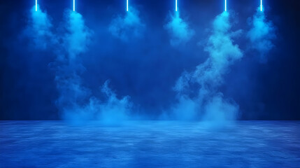 Obraz premium Blue neon lights illuminate smoky stage, concrete floor; ideal for music, product, or event promotion.