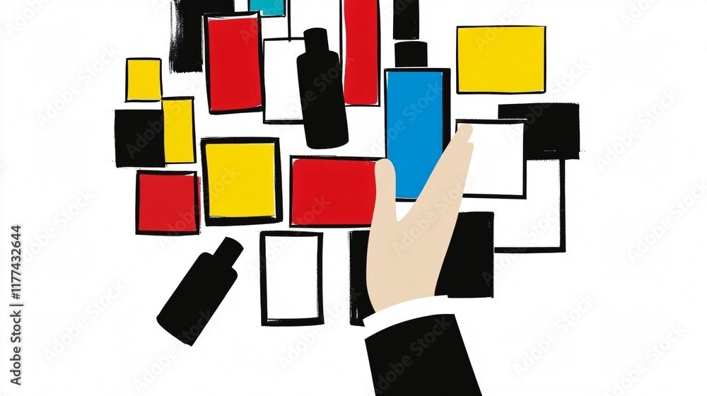 Poster abstract art of hand arranging colorful squares and product bottles, symbolizing modern design and b
