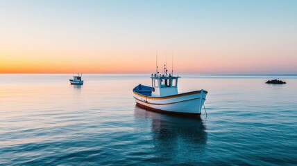 A serene fishing boat floating on calm waters at sunset.