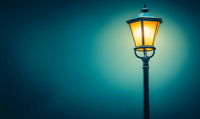 Illuminated street lamp against a dark teal sky; evokes feelings of nostalgia, mystery, and solitude.