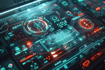 Futuristic Interface with Glowing Red and Green Displays