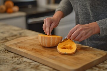  Woman's hands cutting a butternut squash in half on a wooden cutting board in a kitchen