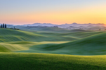Obraz premium Tuscan Sunrise: Rolling hills bathed in the golden light of dawn. Serene landscape photography captures the beauty of Tuscany's countryside.
