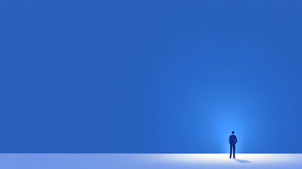 Obraz premium Businessman contemplating future, standing alone in a bright spot against a blue background; potential use in presentations.