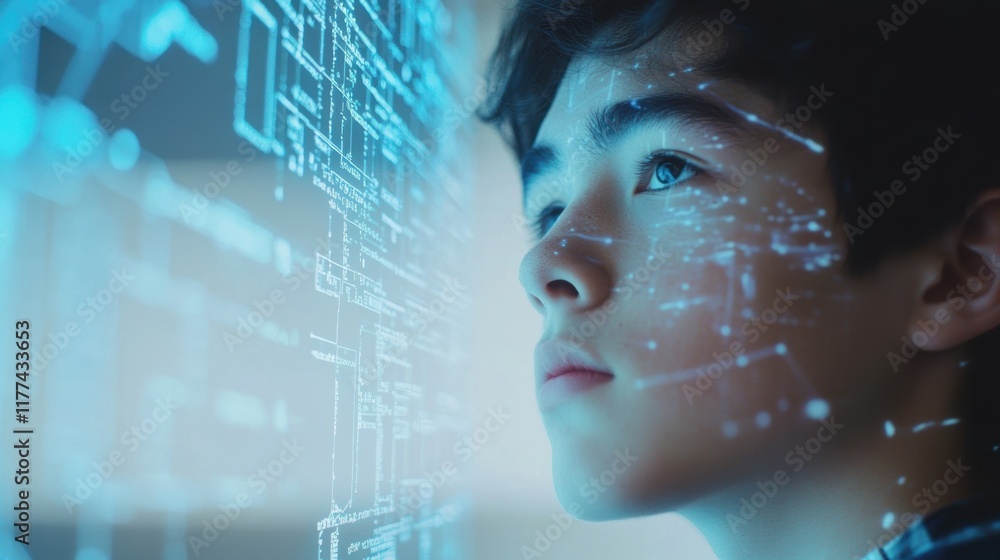Poster young engineer analyzing complex data displayed on a futuristic transparent screen, showcasing innov
