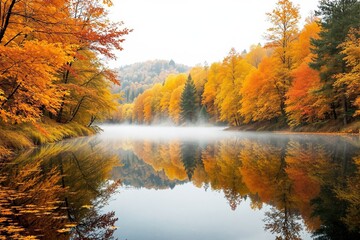 Obraz premium Autumn trees with orange and yellow foliage reflected in a calm lake, surrounded by mist and hills. Peaceful nature scene. Ai generative
