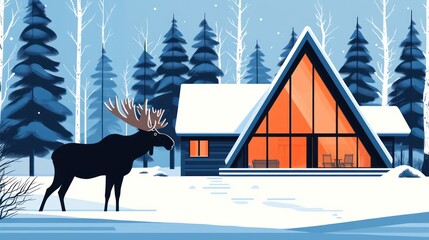 Moose near snowy A-frame cabin in winter forest