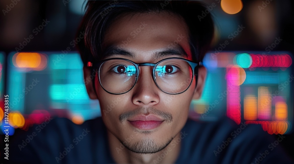 Poster young asian man with glasses looking intently at camera in a high-tech environment with data analyti