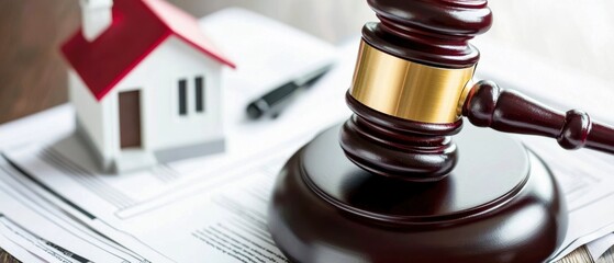 A gavel rests on legal documents beside a miniature house, symbolizing property law and legal proceedings related to real estate.