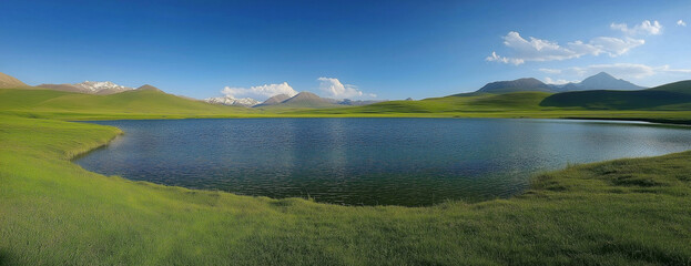 Obraz premium A wide shot of the green grass near a lake in the mountains, a clear sky, the lake is reflecting the mountain range.