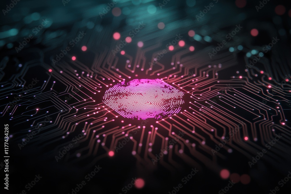Poster abstract digital circuit with fingerprint pattern on a dark background