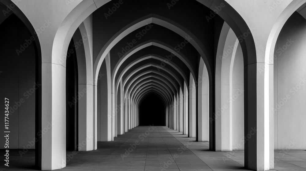 Poster view captures a long corridor lined with elegant arches, featuring stark contrasts between light and