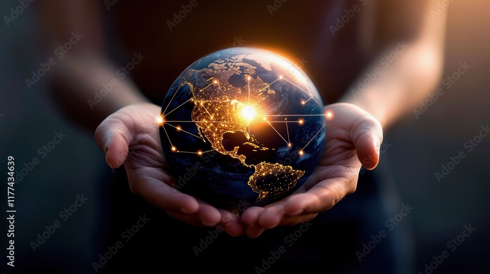 Poster a person holds a glowing globe, symbolizing global unity and connection, with bright lights represen