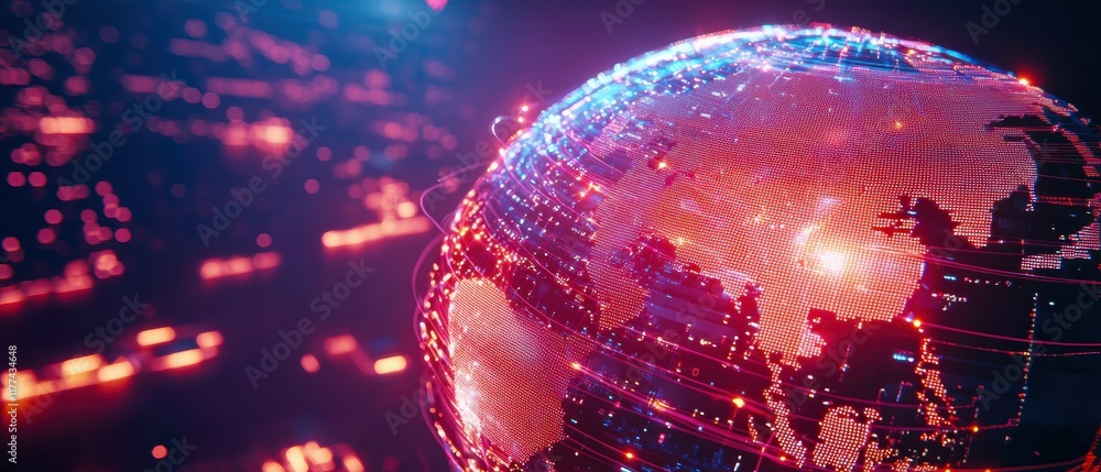 Poster a vibrant digital globe with intricate mesh patterns illuminated in red and blue, representing a fut