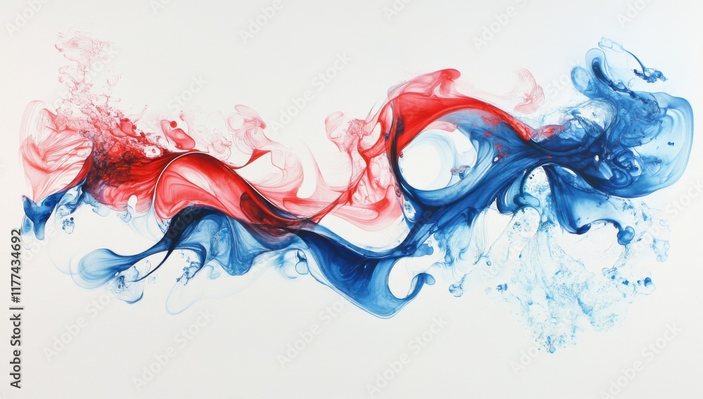 Poster abstract red and blue ink swirls: a dynamic dance of color and form in fluid art