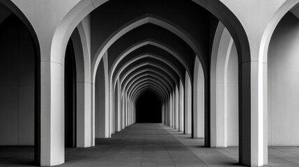 view captures a long corridor lined with elegant arches, featuring stark contrasts between light and shadow. repeating patterns create a sense of depth and movement, inviting exploration