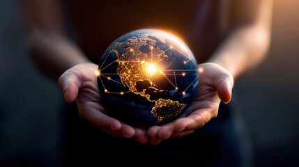 Fototapeta premium A person holds a glowing globe, symbolizing global unity and connection, with bright lights representing cities and networks across the world.
